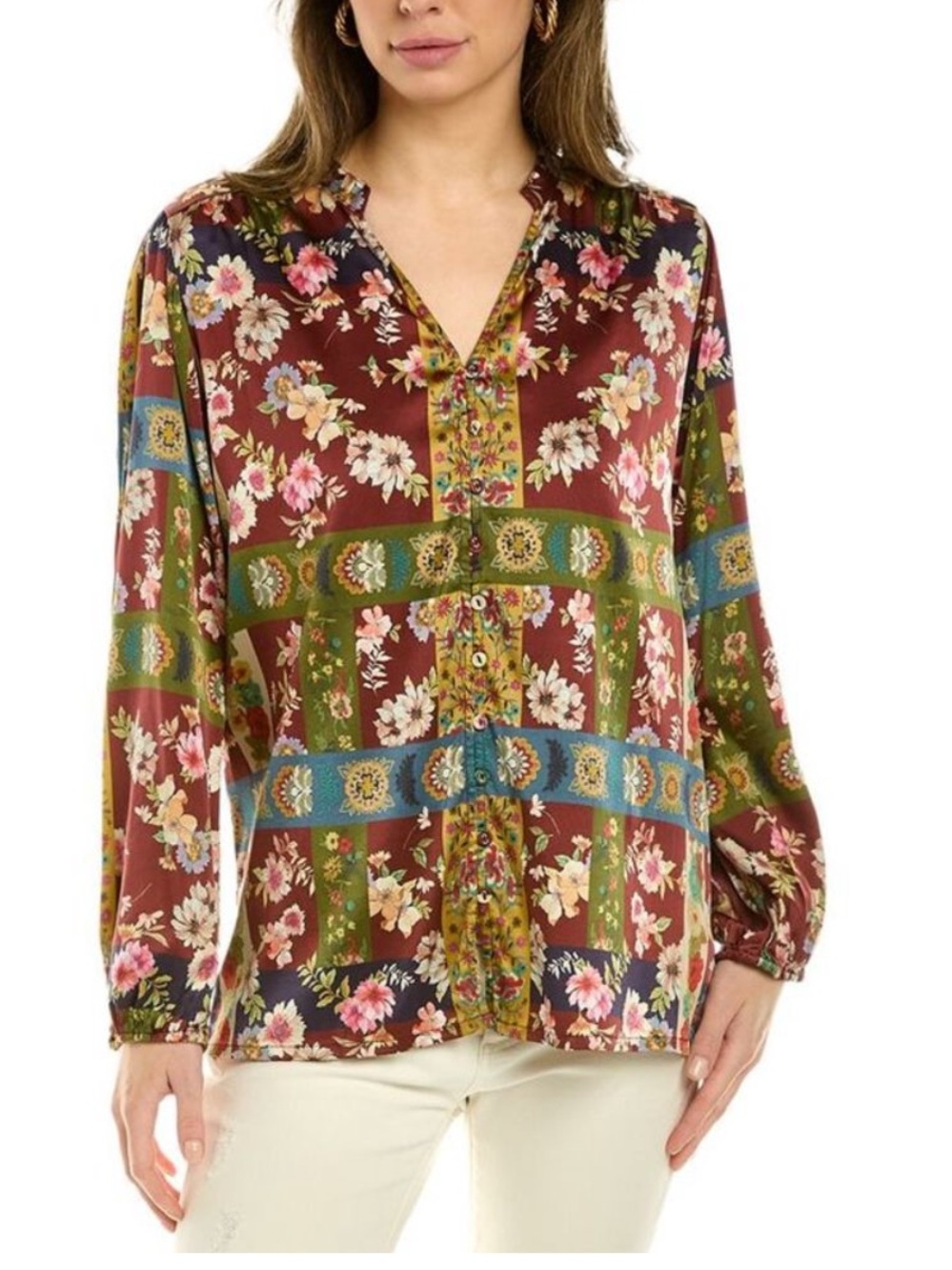 Johnny Was silky buttoned blouse sz L